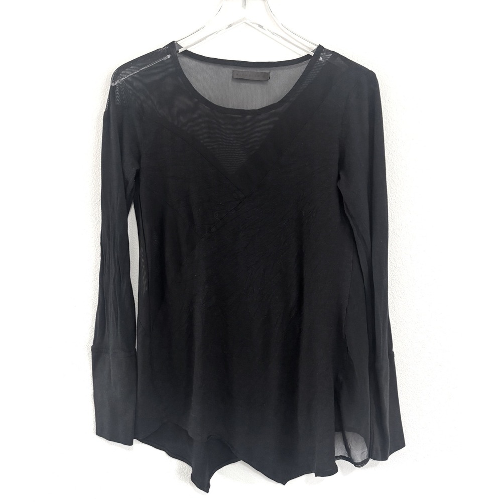 Nicholas K Blouse| Black Sheer Mesh Long Sleeve Asymmetrical Hem Blouse Top